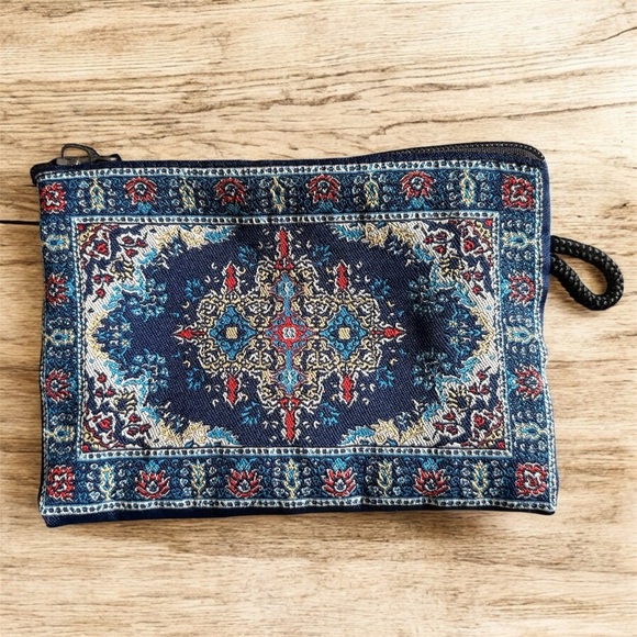 Ornate Blue and Red Woven Tapestry Coin Purse 5.5” Oriental Pattern - Picture 2 of 7